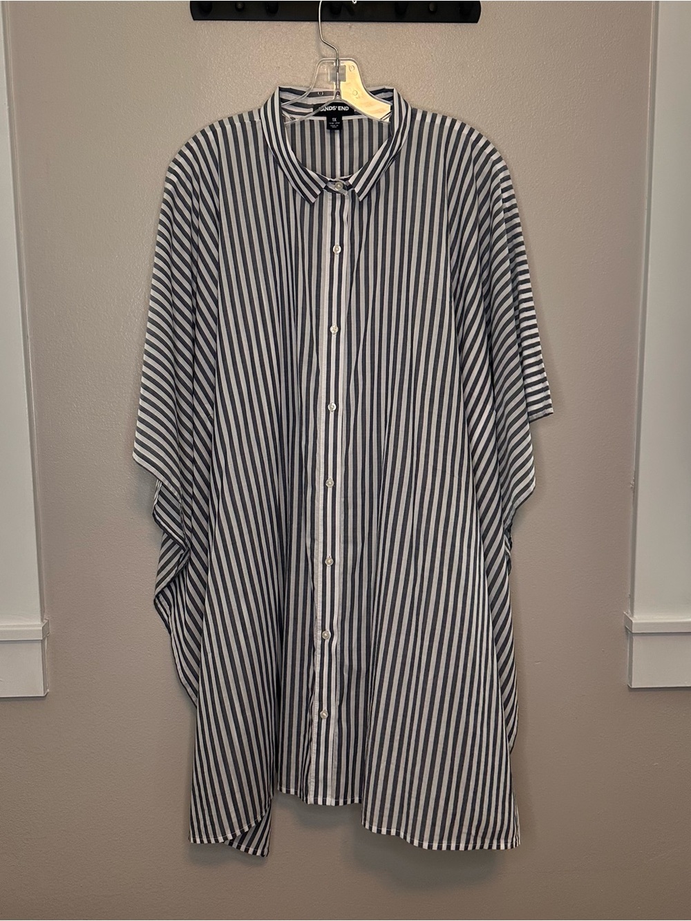 Lands' End Navy and White Vertical Stripe Button-Down Shirt Tunic Swim Cover Up